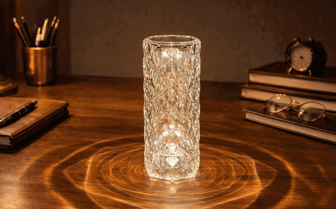 Crystal Light on desk with books, a clock, glasses, and pens.